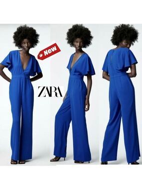 Zara Royal cobalt blue short bell sleeve V-neck jumpsuit Sz XS NWT